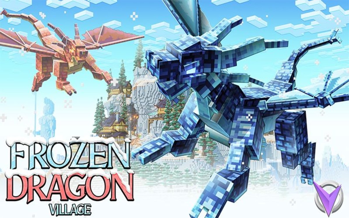 Cover art for Frozen Dragon Village, showing icy dragons and a snowy fantasy village.