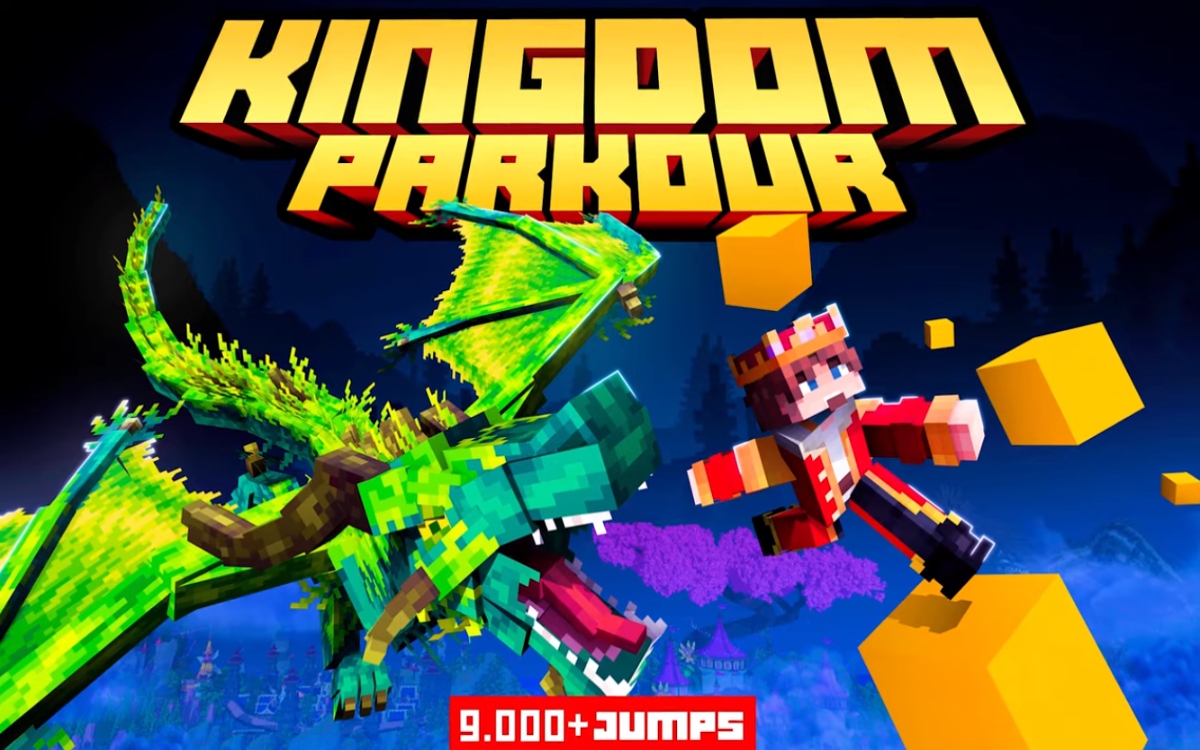 Cover art for Kingdom Parkour, showing a fantasy Minecraft parkour adventure with a dragon and floating jumps.